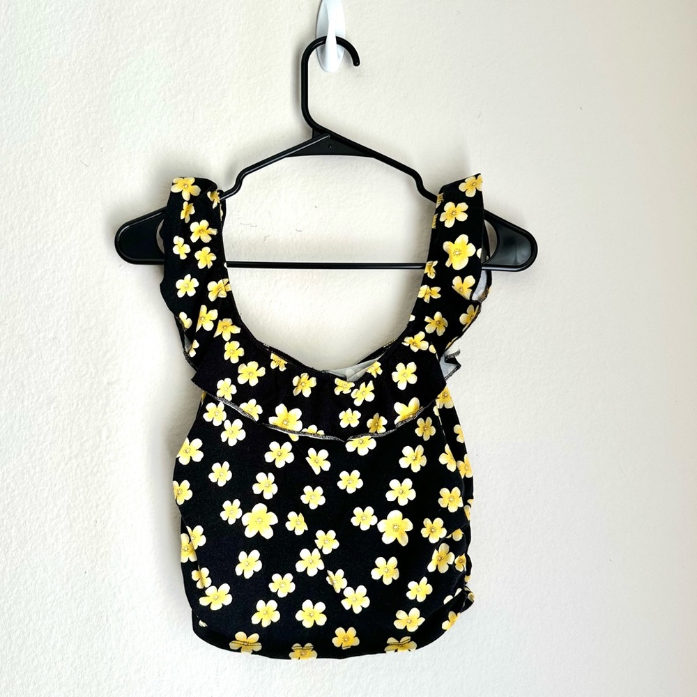 Forever 21 Black and Yellow Floral Cropped Off The Shoulder Ruffle Sleeve Top - Picture 3 of 8